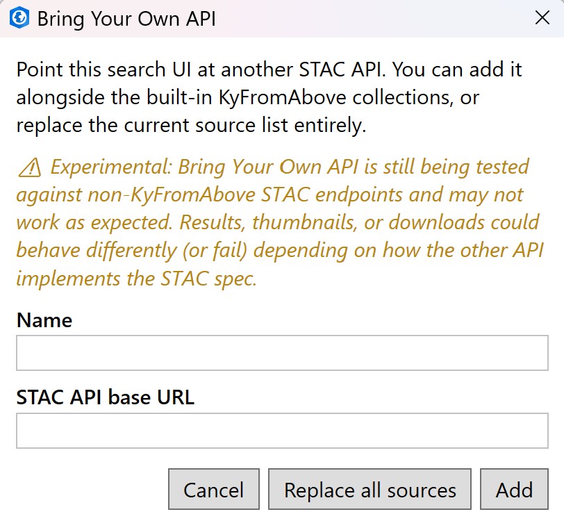 The Bring Your Own API dialog with the Name/URL fields and experimental warning banner