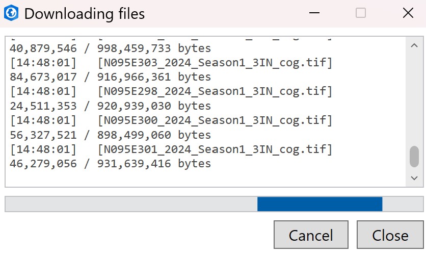 The download progress dialog, showing per-asset byte counts as downloads run