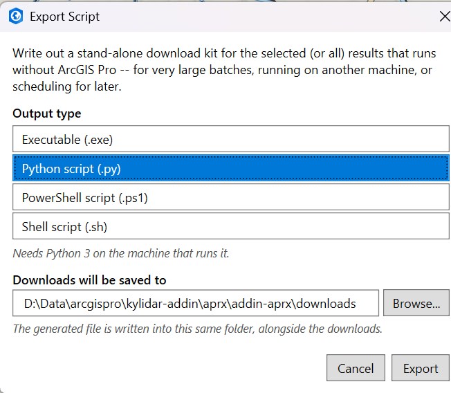 The Export Script dialog: output type options and the downloads destination folder