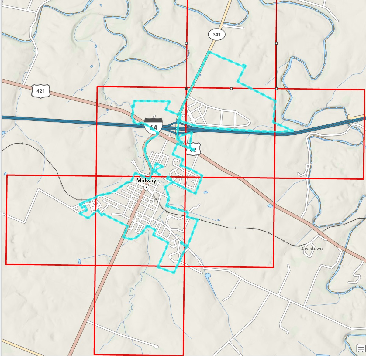 The KyFromAbove Footprints layer showing outlined footprints, zoomed to their combined extent