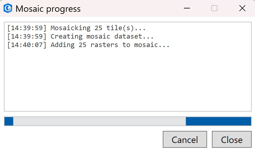 The Mosaic progress dialog reporting each step as the mosaic dataset is built