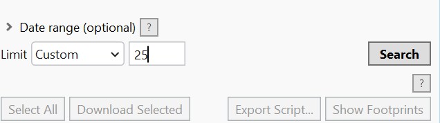 The Date range, Limit, and Search row, with the results toolbar below it