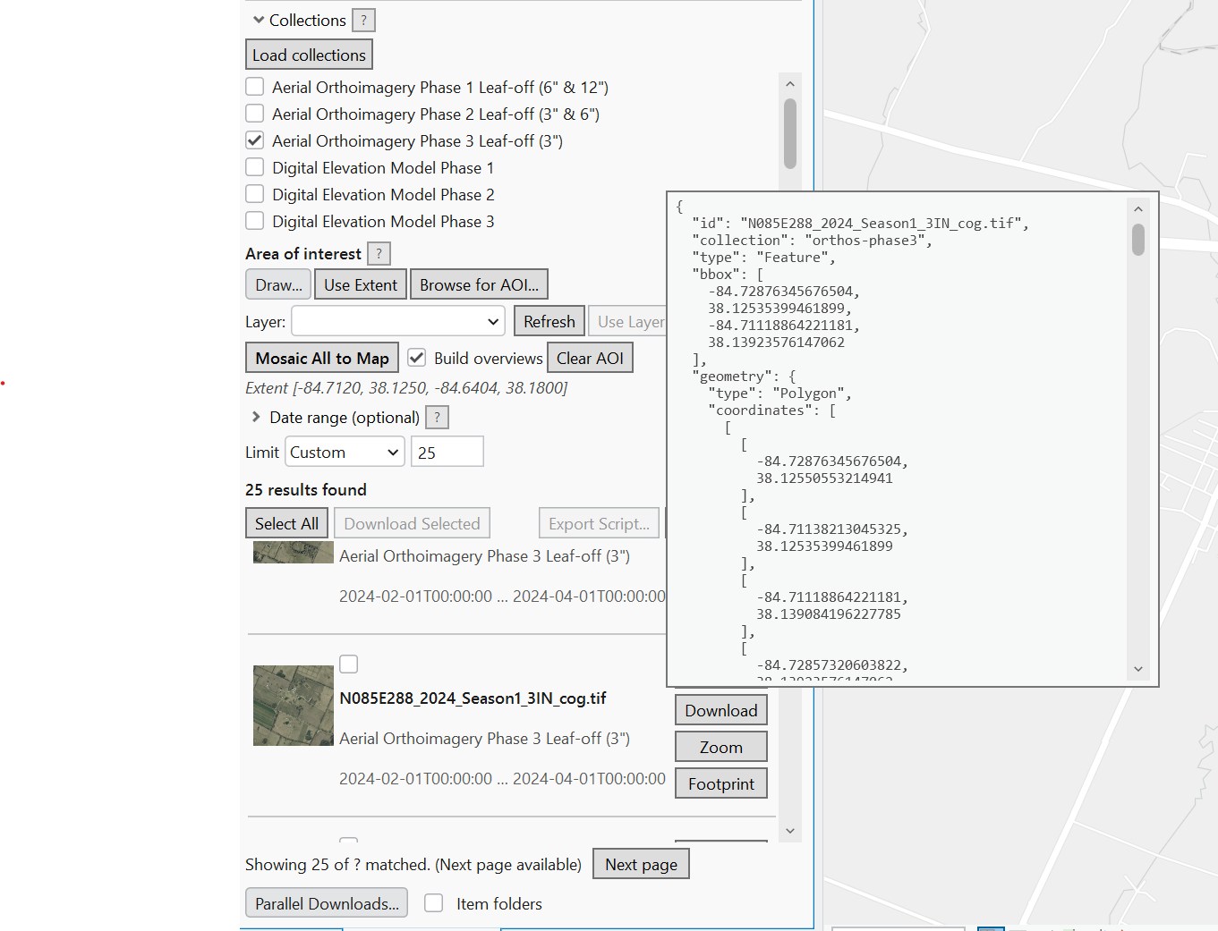 A result row's hover card showing the pretty-printed STAC item JSON