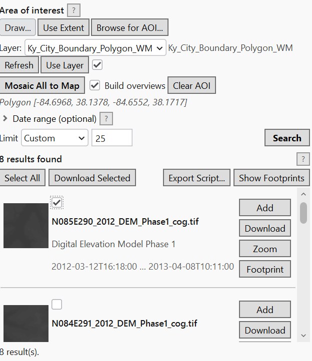 A populated results list with thumbnails and the Select All / Download Selected / Show Footprints buttons