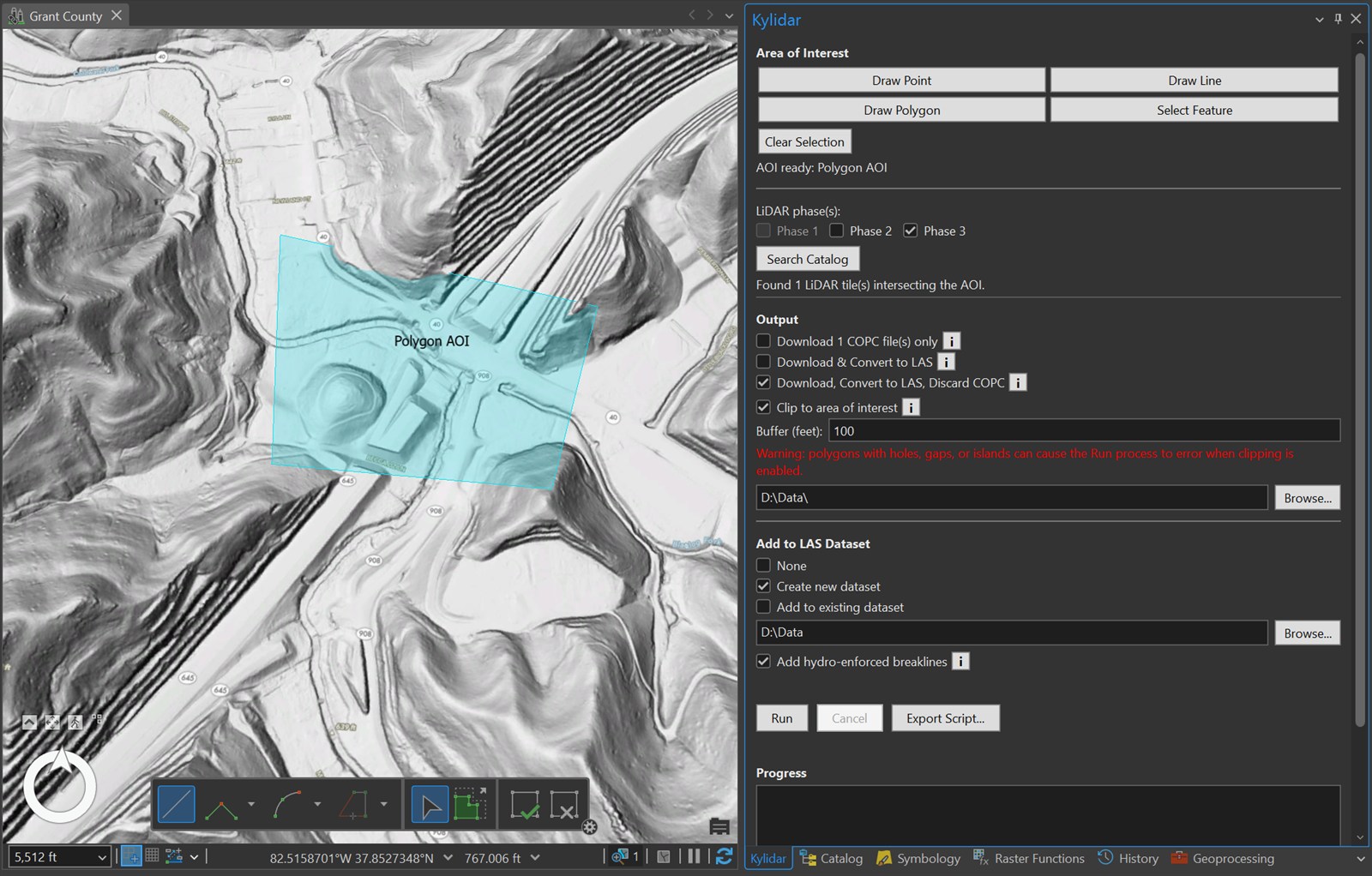 A polygon AOI drawn on a hillshade map, filled cyan and labeled Polygon AOI, with the Kylidar pane docked alongside reading AOI ready: Polygon AOI