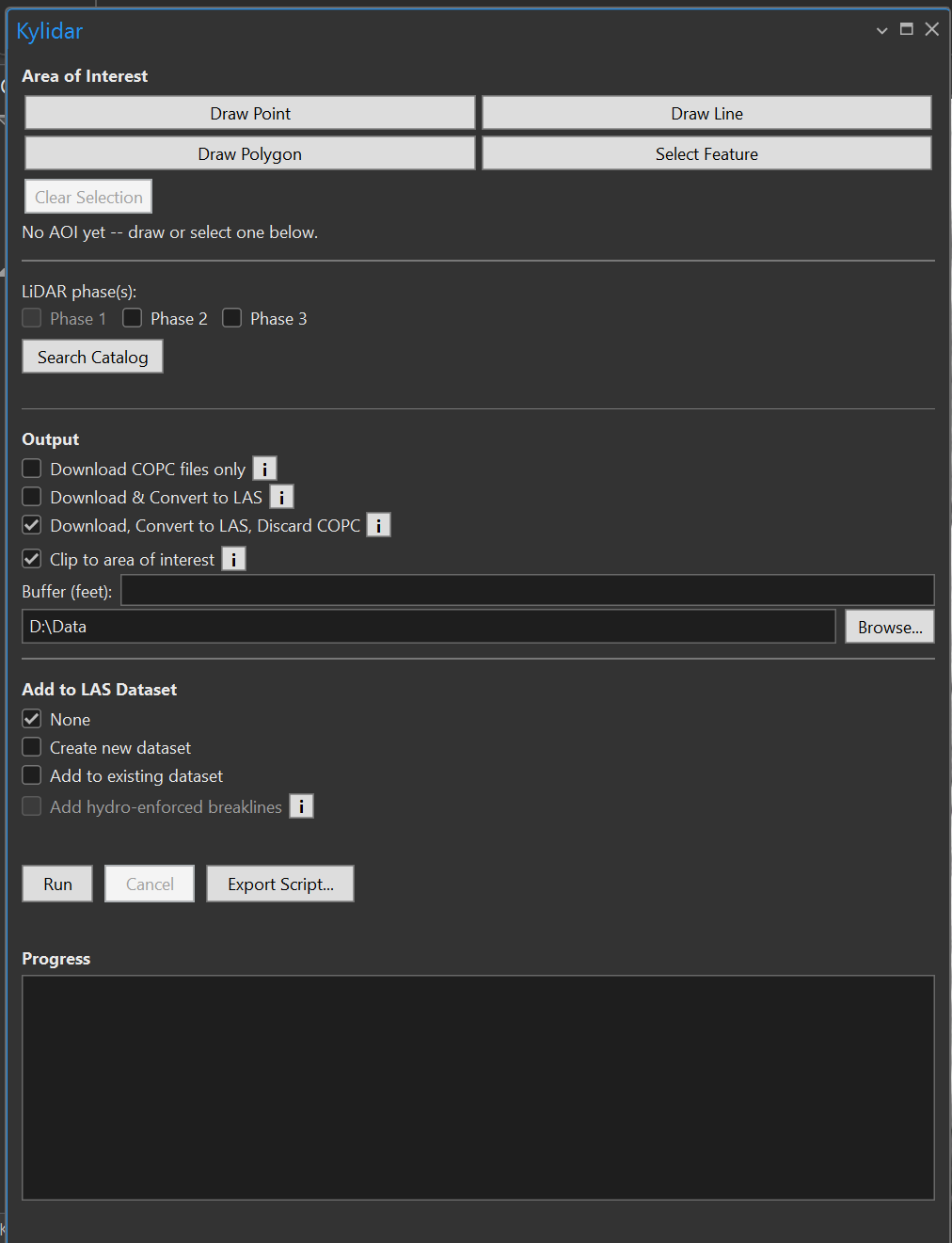The Kylidar pane as it first opens: Area of Interest tools, LiDAR phase checkboxes, Search Catalog, the Output options, Add to LAS Dataset, and the Run, Cancel and Export Script buttons above a Progress log