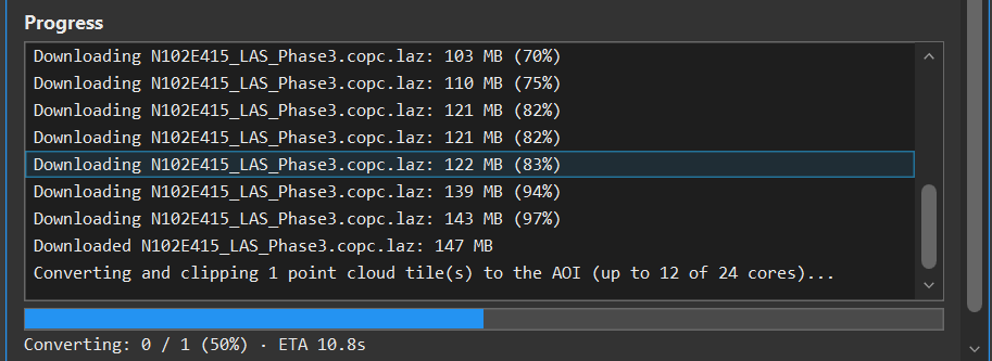 The Progress log mid-run, listing download progress for a tile and a Converting and clipping line, above a half-filled progress bar reading Converting: 0 / 1 (50%) with an ETA